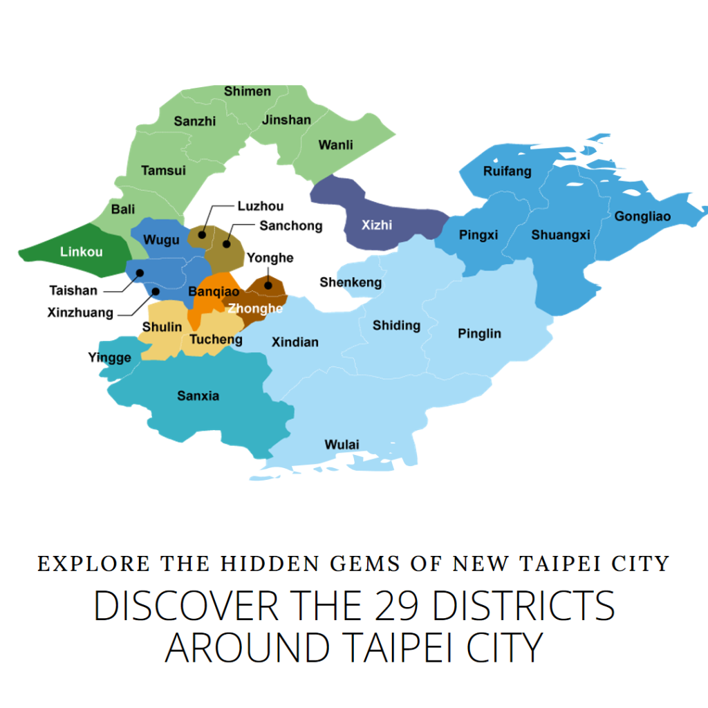 The graphic provided by the New Taipei City administration shows the 29 districts that around Taipei City in white.